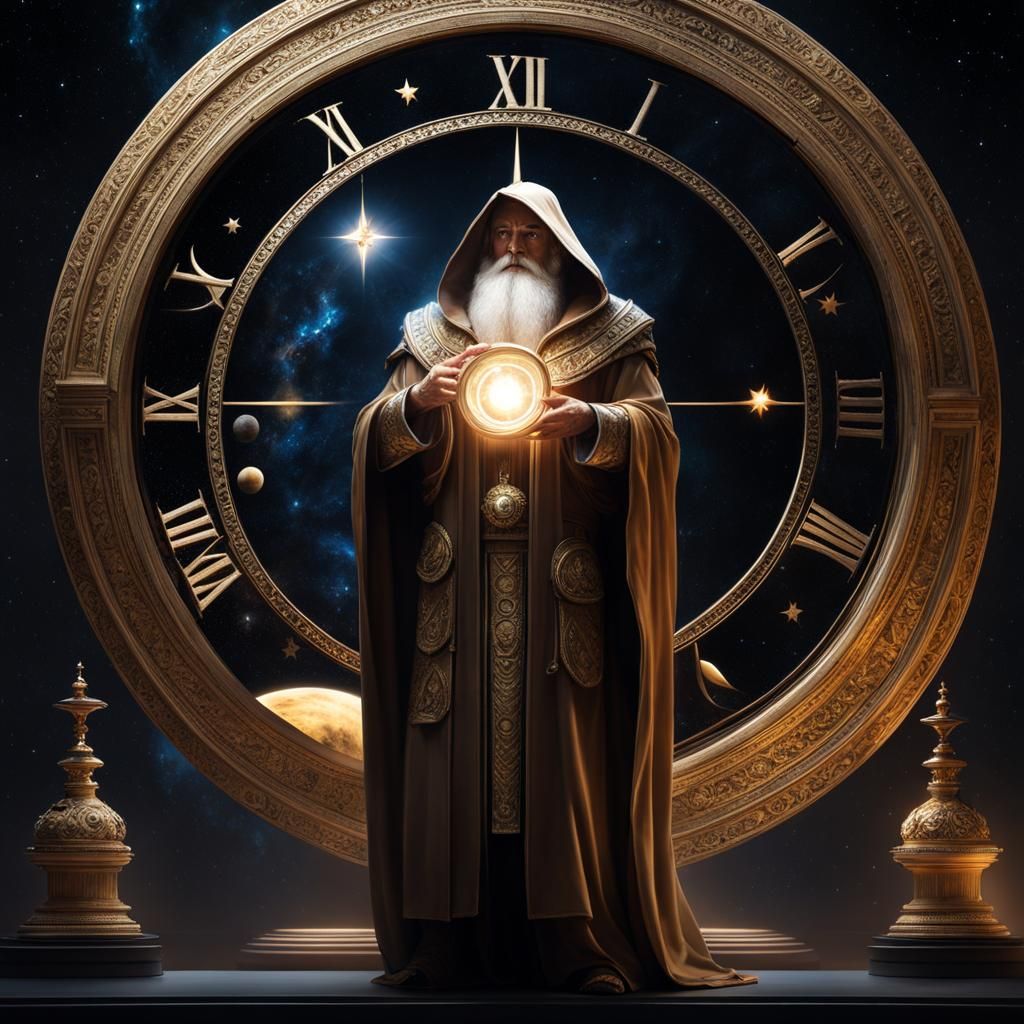 Saturn, God of Time, Studies the Universe