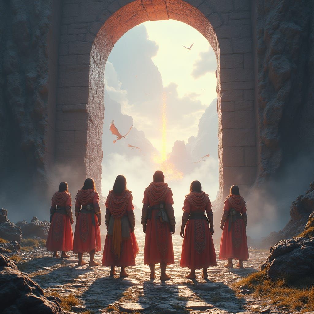 Adventurers Gaze into Mystical Portal with Dragons