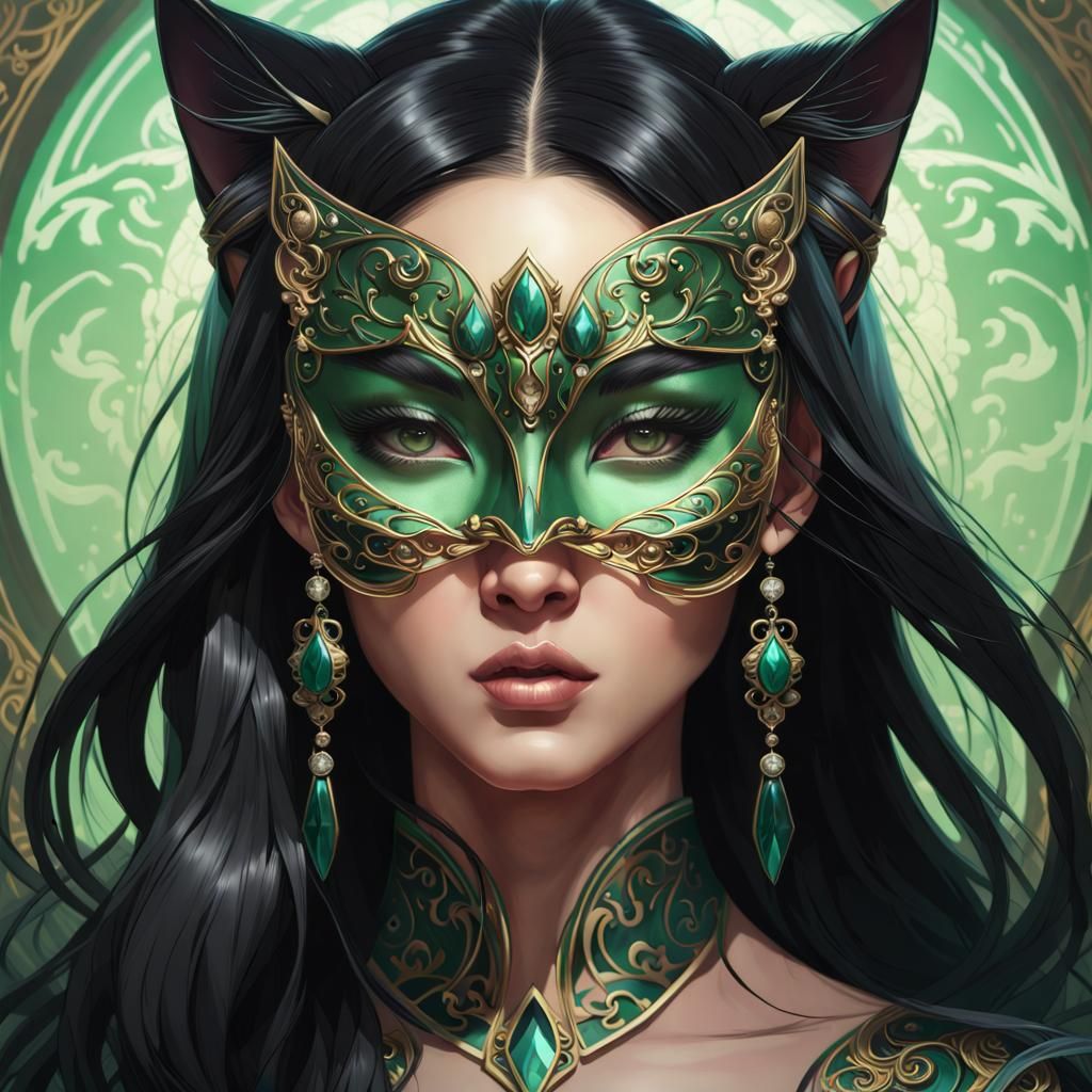 Asian Woman in Jeweled Mask, Detailed Portrait