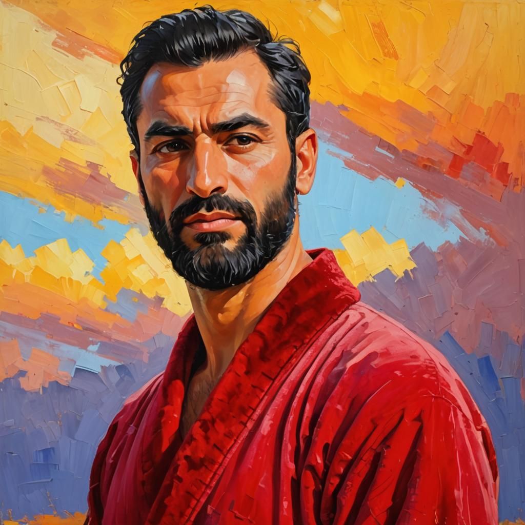 Expressionist Portrait of Man in Red Robe as Impasto Paintin...