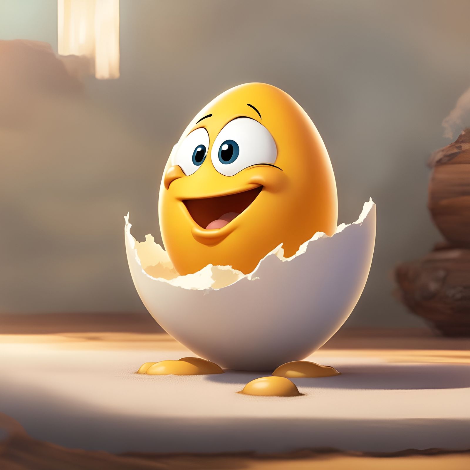 Smiling Egg Yolk Character in Broken Egg, Pixar Style