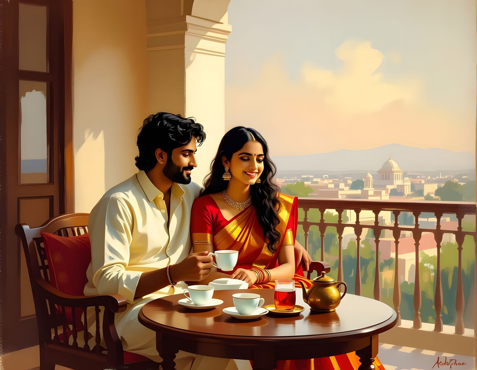 Indian Couple's Balcony Tea: A New Home