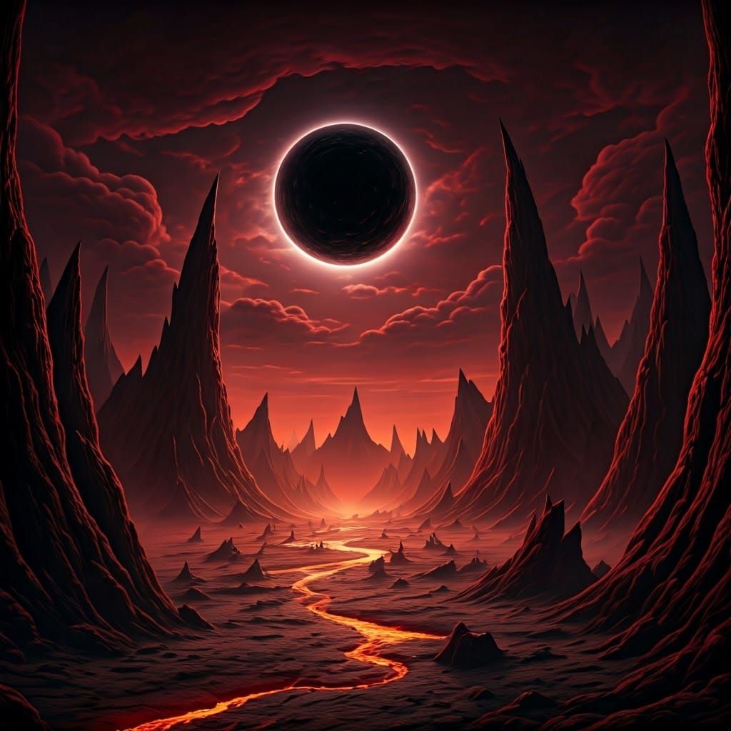 Ominous Black Moon Over a Hellish Landscape