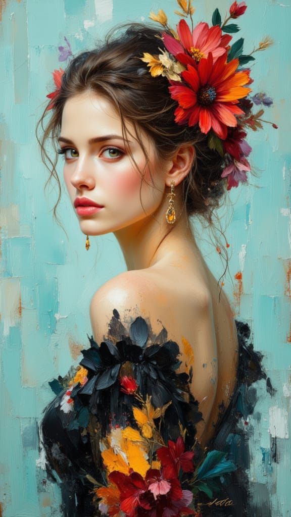 Impressionist Portrait of a Woman Adorned with Flowers