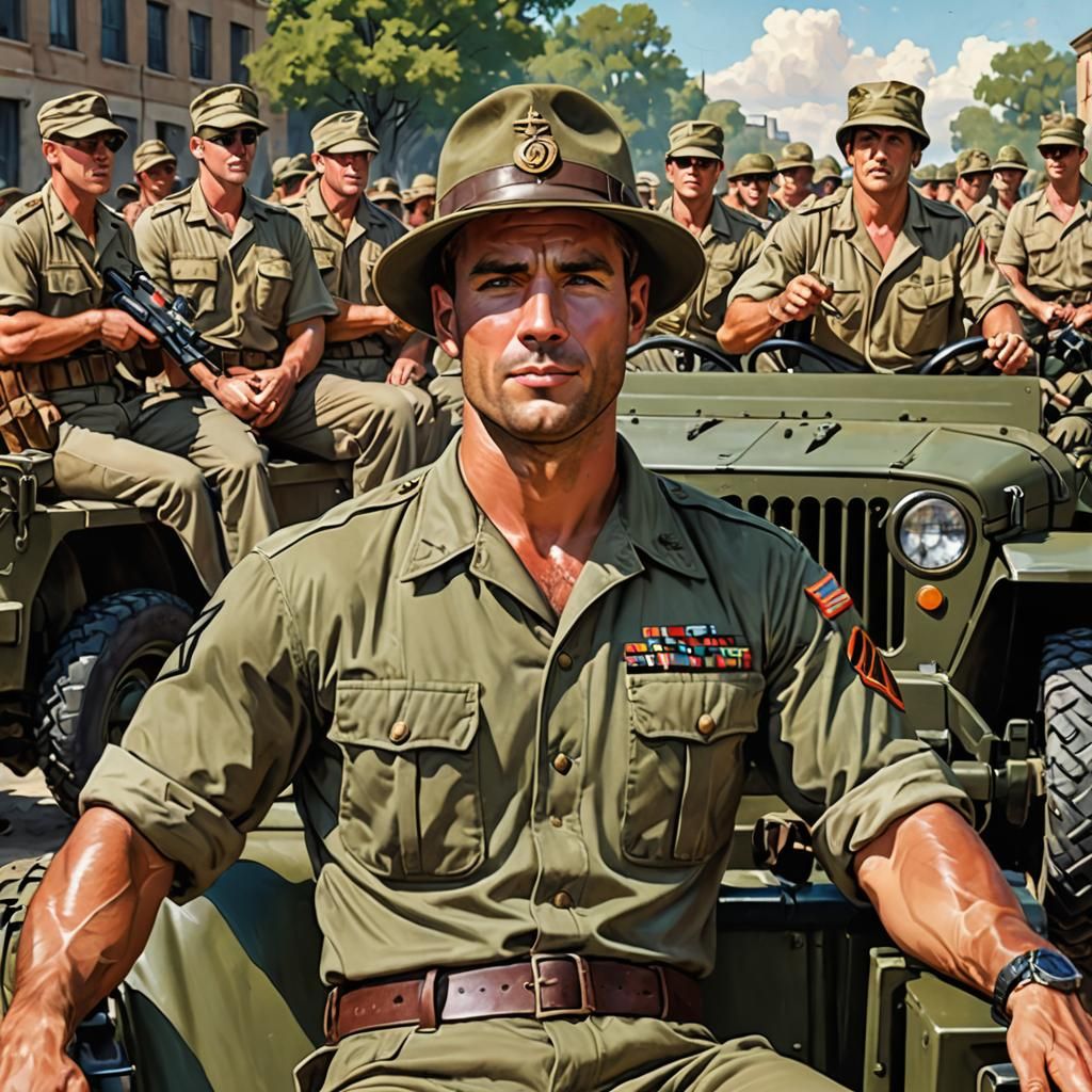 Handsome General Inspects Troops in Pop Art Style