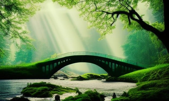 Colorful Forest Bridge Over River: Digital Painting