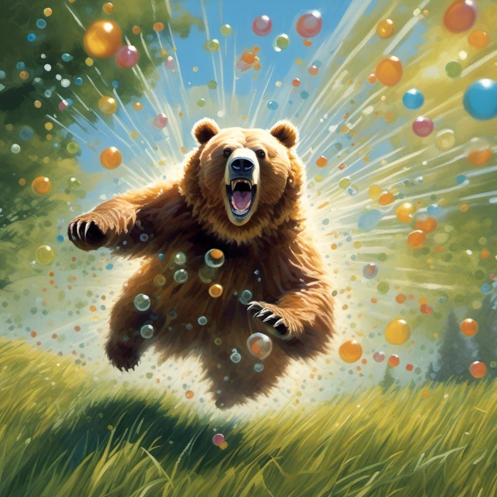 Happy Bear Bounding Through Summer Grass: Microphotograph