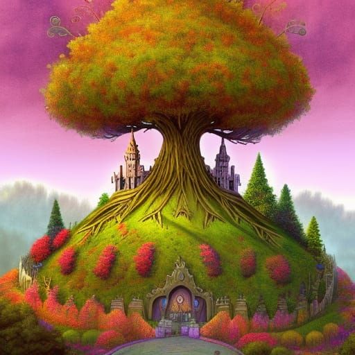 Whimsical Fairy Castle in Giant Tree, Digital Illustration