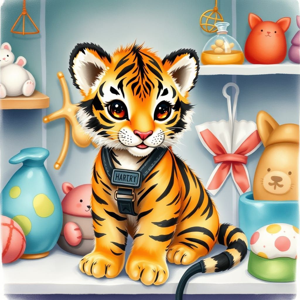 Whimsical Baby Tiger Cub on Pet Store Shelf