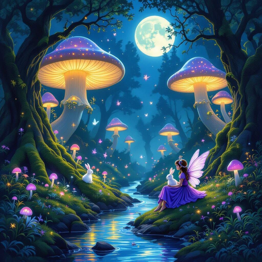 Magical Bioluminescent Forest with Fairy and Glowing Mushroo...