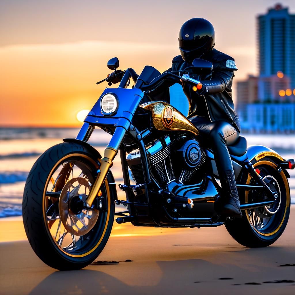 Cyberpunk Rider on Futuristic Motorcycle at Sunset