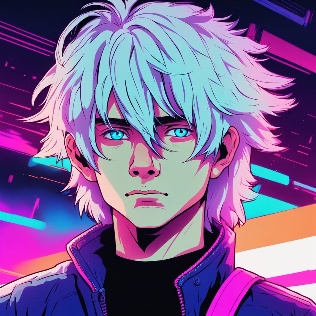 Teenage Boy with White Hair in Synthwave Style