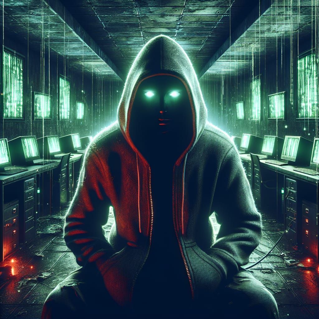 Cyberpunk Noir Figure in a Gritty Hacker Lair