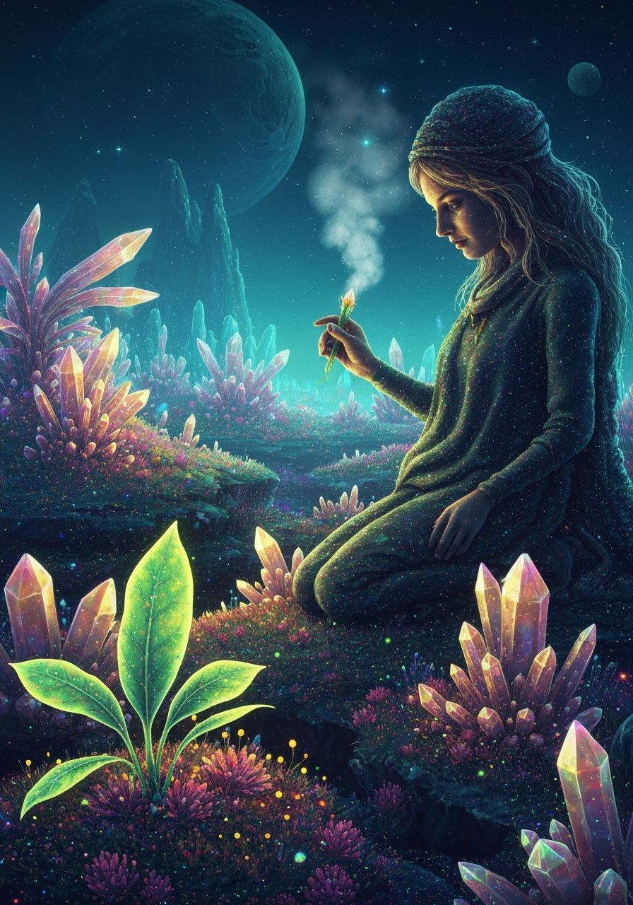 Cosmic Herbalist Tending Glowing Plants on Alien Planet