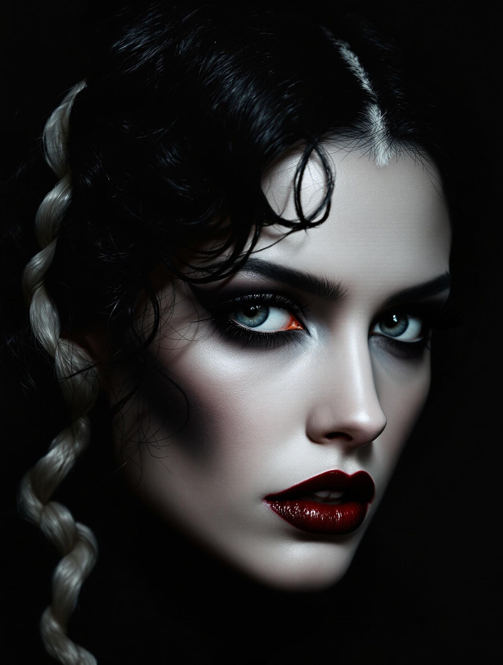 Gothic Woman in Dramatic Voluminous Hair with Bold Makeup