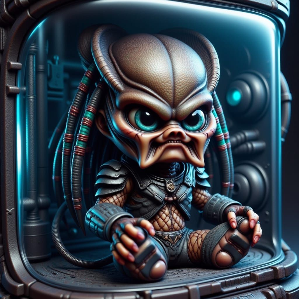 Chibi Predator Alien Doll in Futuristic Spaceship Box