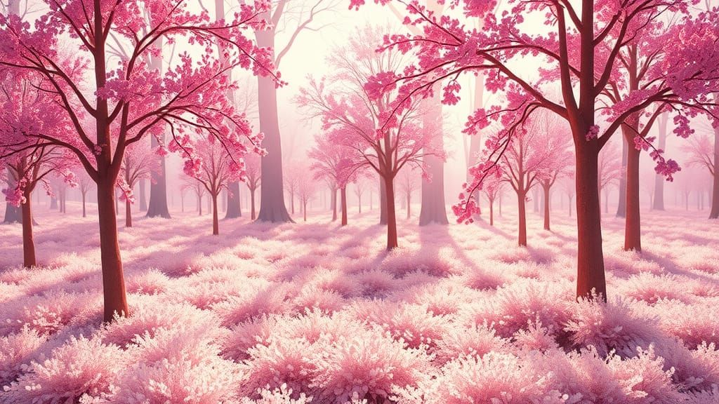 Imagine a serene, enchanting landscape where soft, pastel pi...