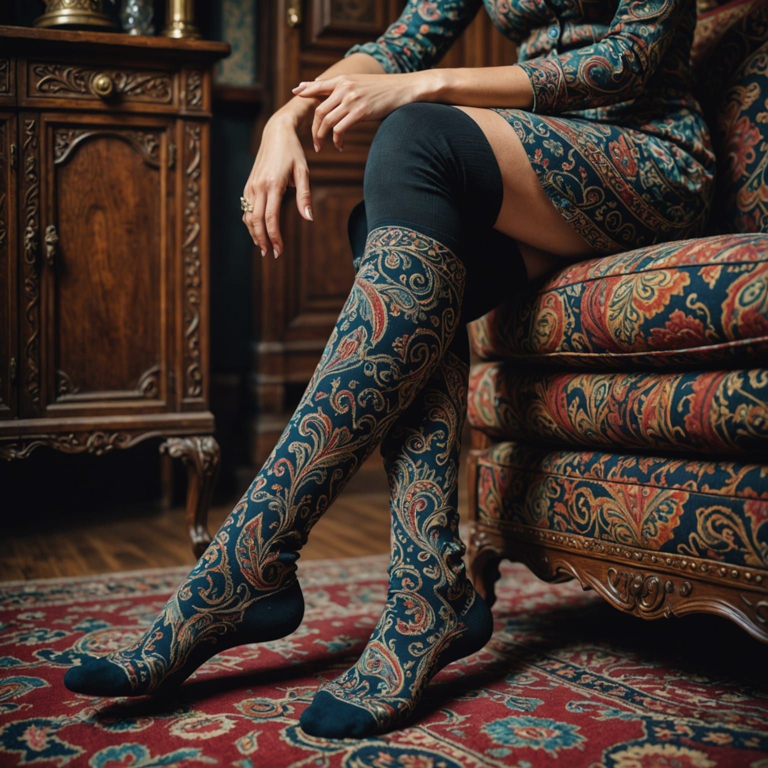 Paisley Socks on Reclining Woman in Hyperrealistic Style