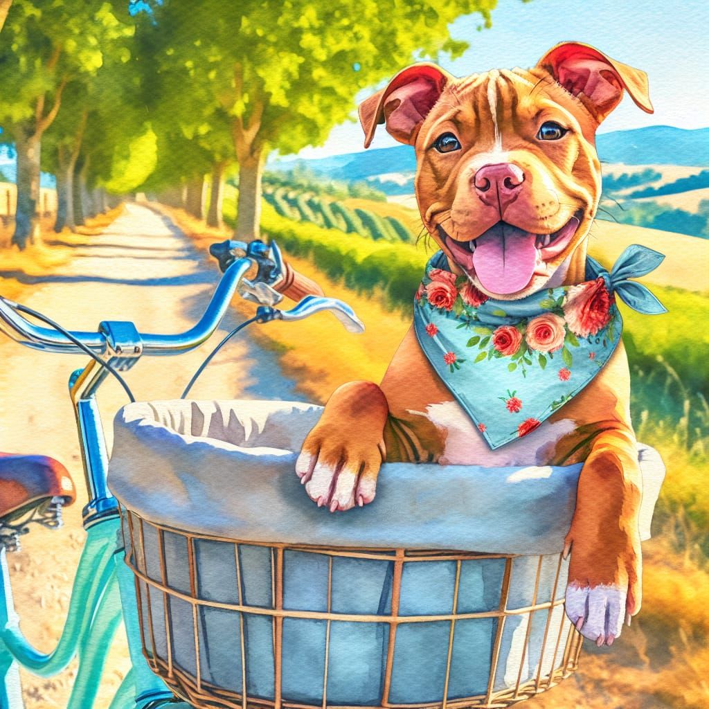 Joyful Pitbull Puppy in Tuscany: Watercolor Painting