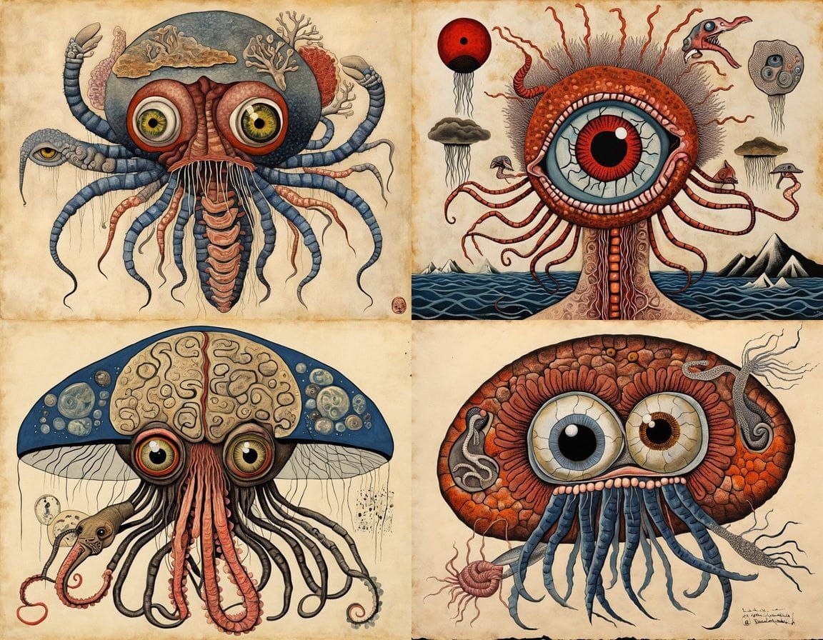 Mutant Zygote with Jellyfish Snake Beak in Hokusai Style