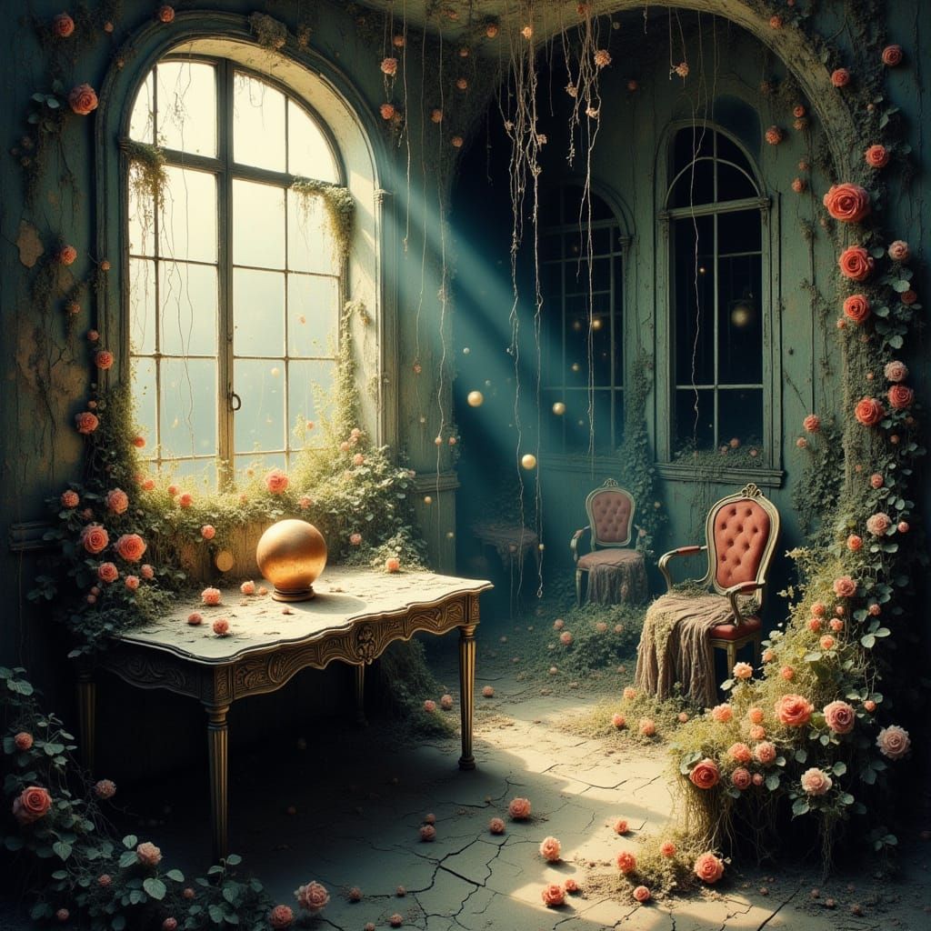 Overgrown Victorian Parlor with Magical Glow in Alphonse Muc...