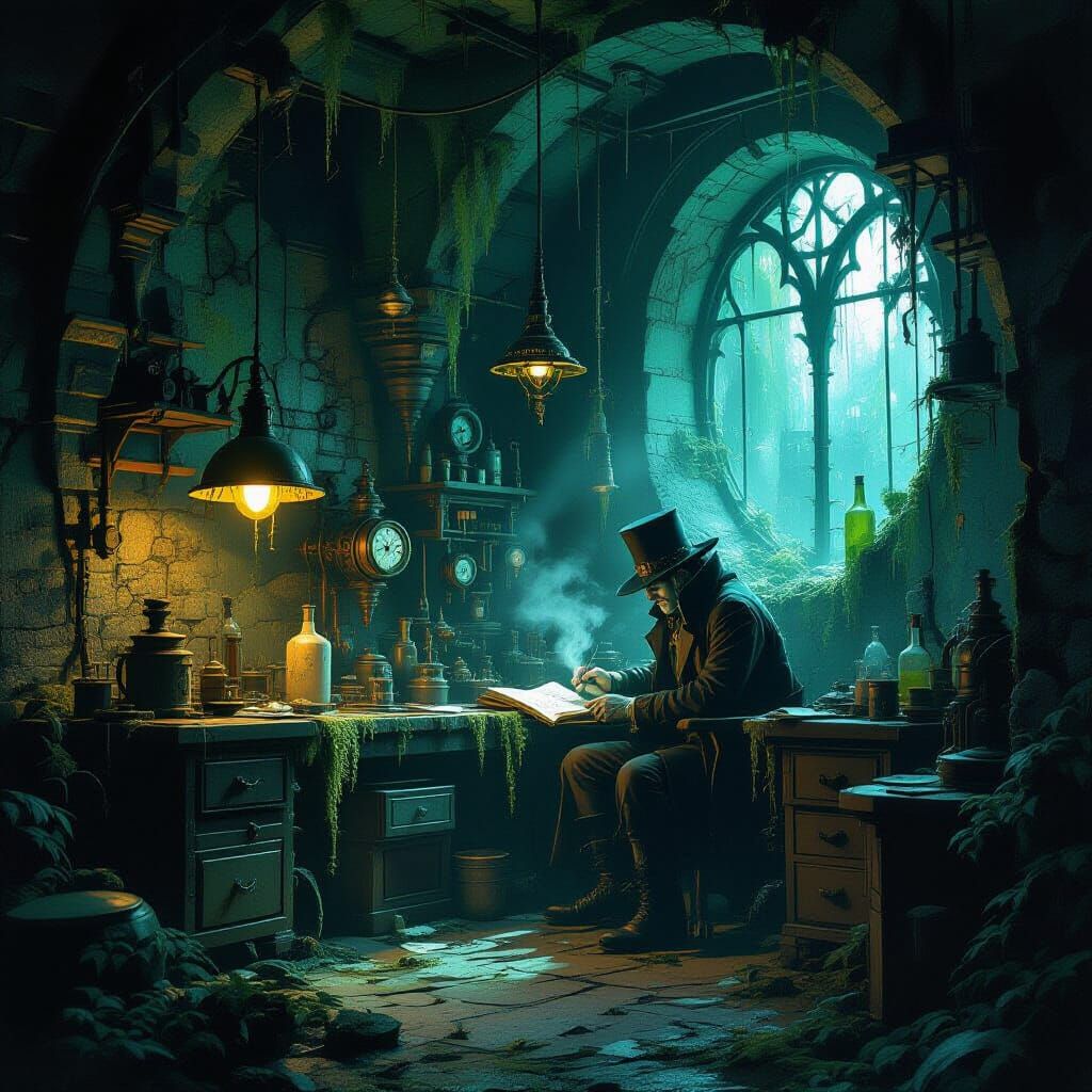 Steampunk Inventor in Chaotic Swamp Laboratory