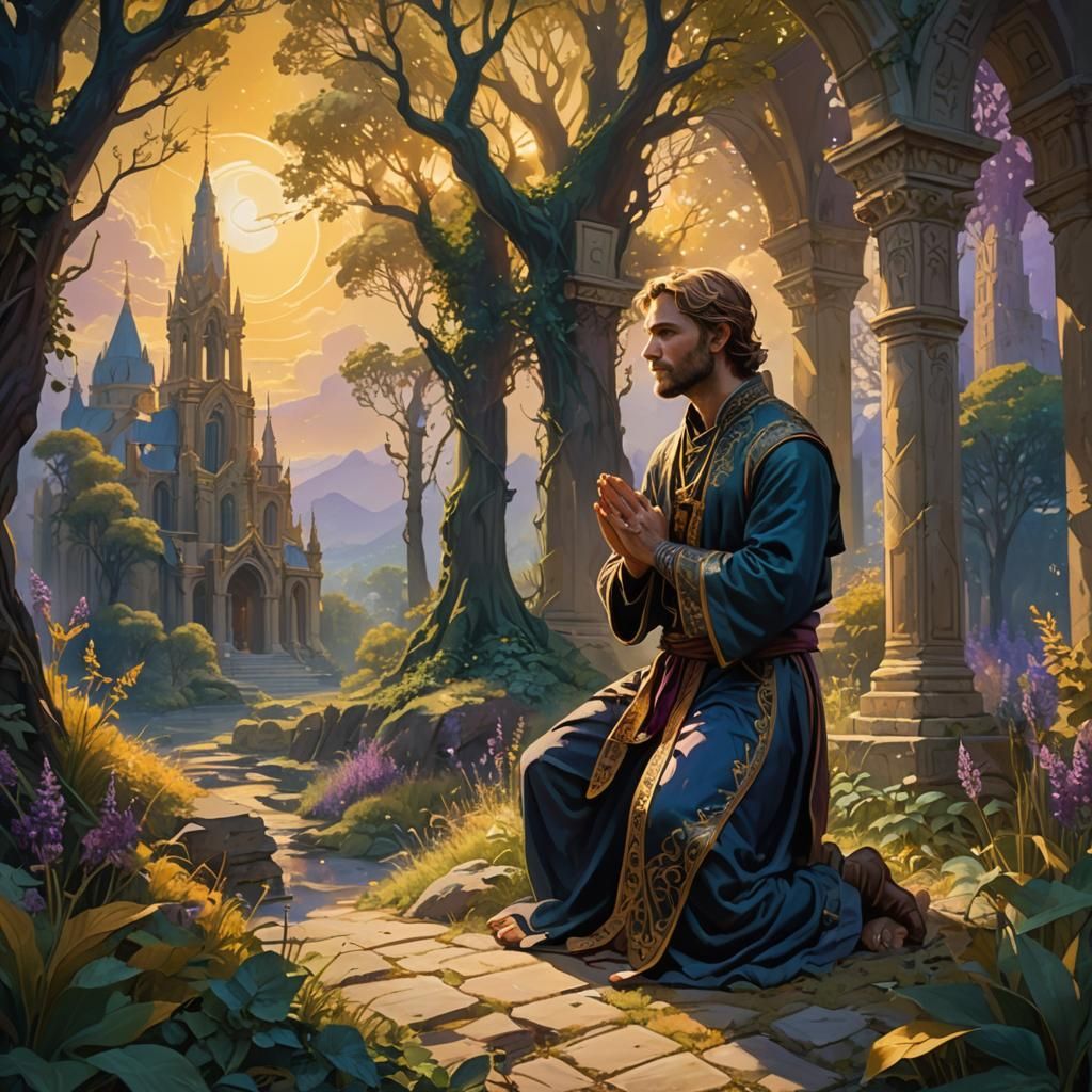 Daniel Praying in Fantasy Landscape, Unreal Engine Style