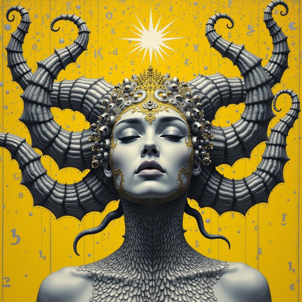 Surreal Silver-Scaled Figure with Crystal Light