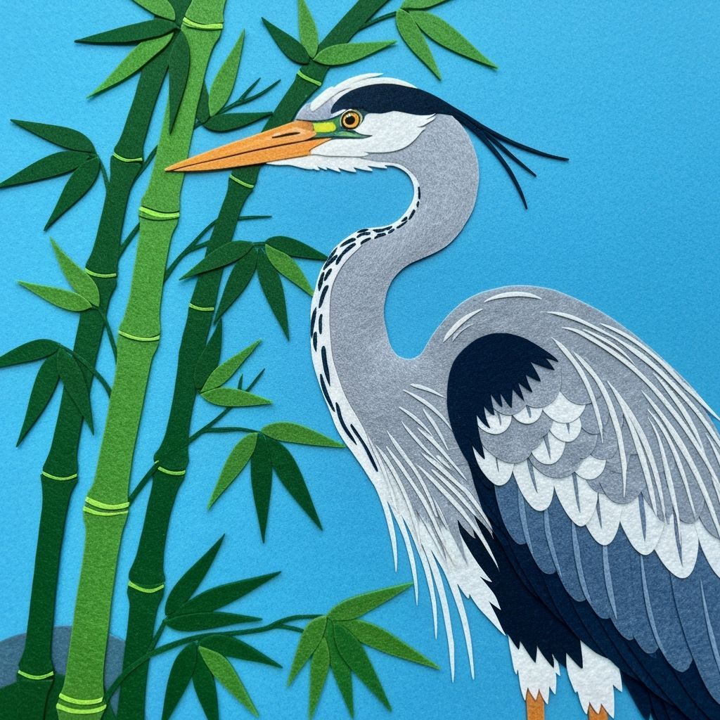 Vibrant Felt Artwork of Heron and Bamboo