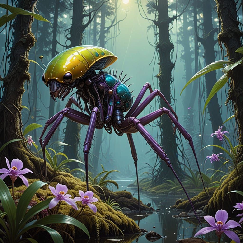 Alien Mantis Xenofauna on Iridescent Exoplanet