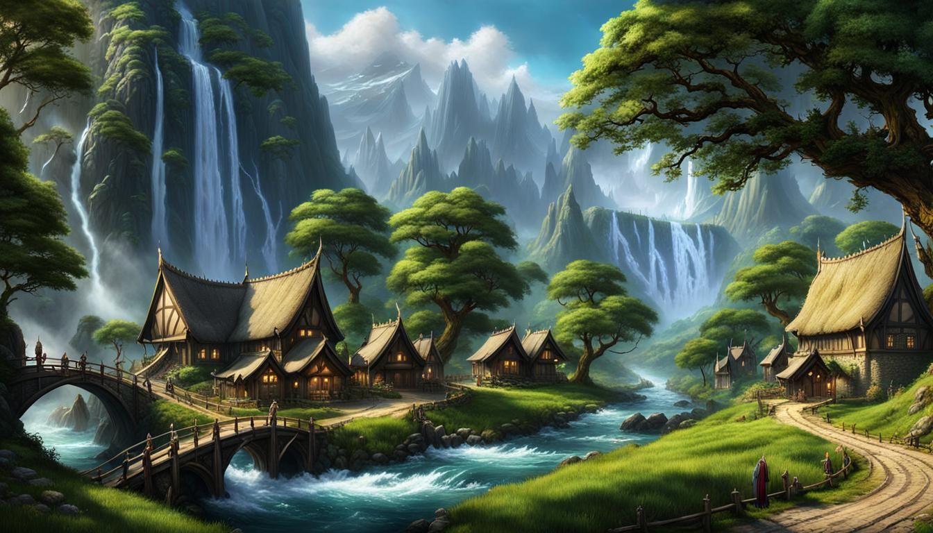 Epic Elven Village with Waterfall in Fantasy Landscape