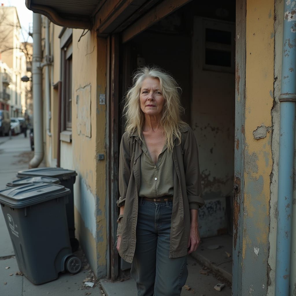 Hyper Realistic Photo of Woman in Tenement Doorway