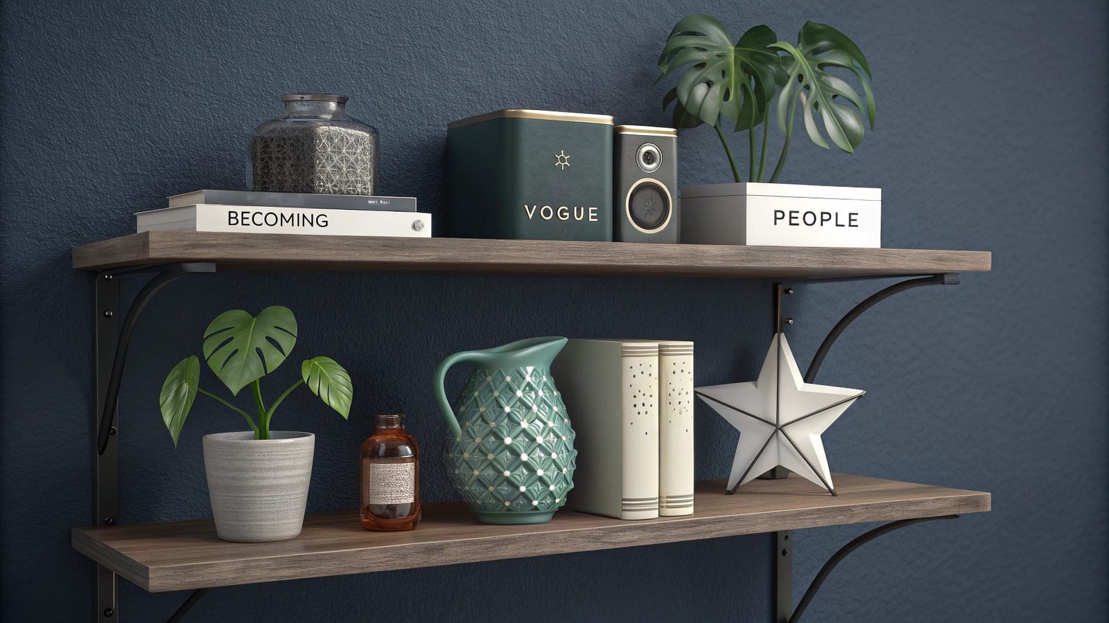 Detailed Wooden Shelf Still Life on Blue Wall