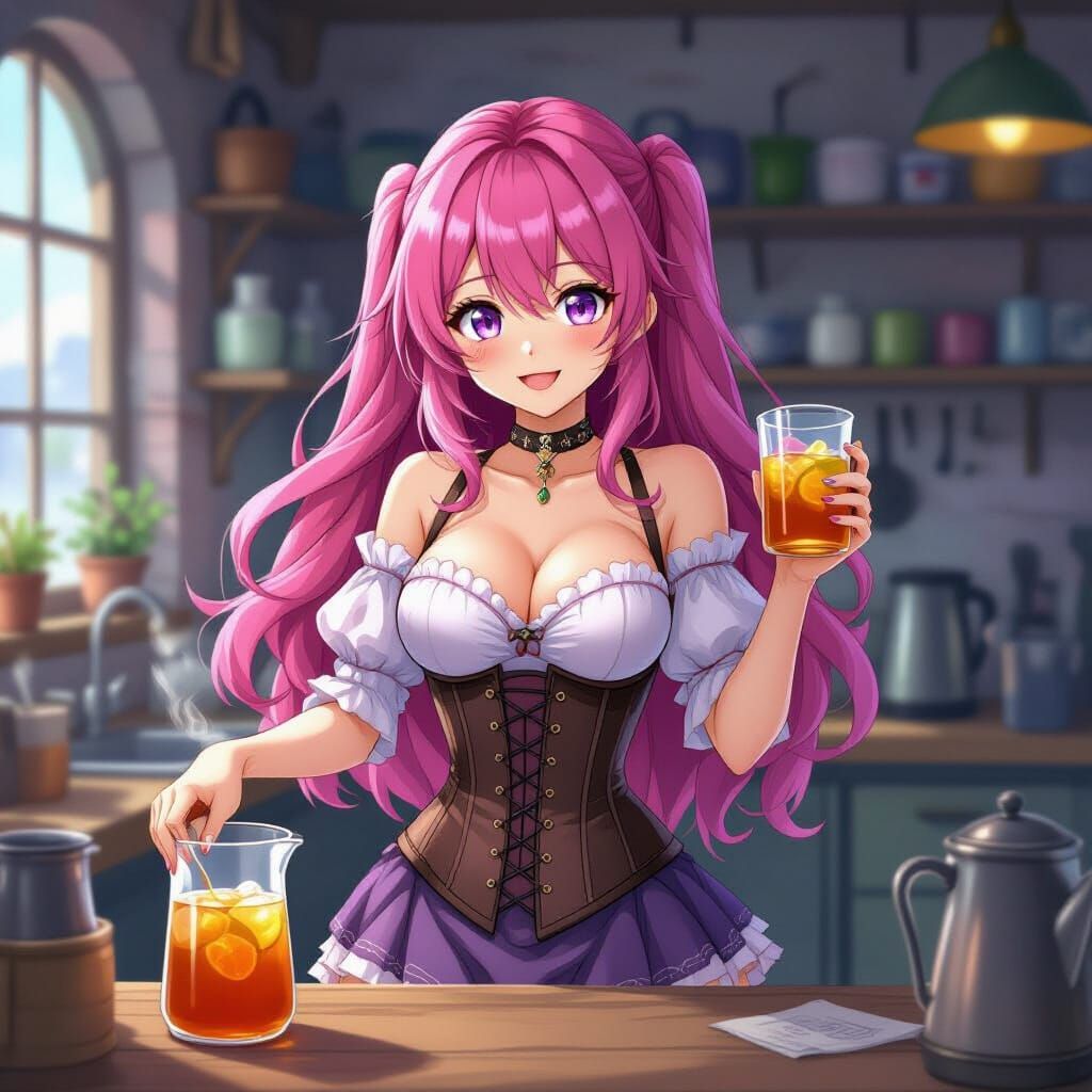 Anime Girl Makes Iced Tea in Magical Workshop