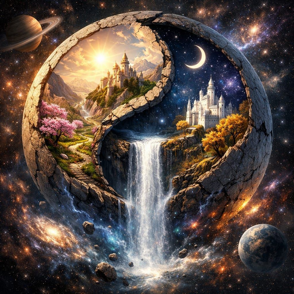 Cosmic Sphere: Yin-Yang Worlds in Epic Surrealism