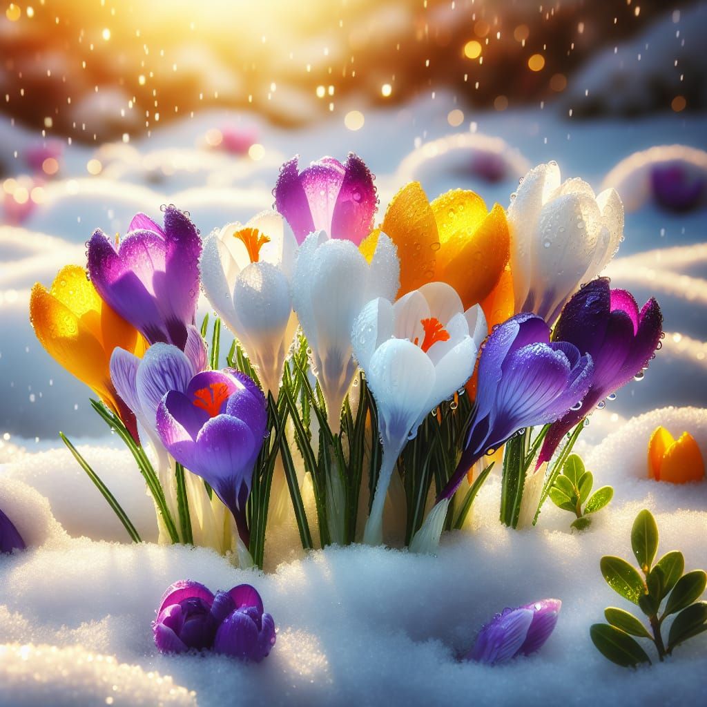 Crocus Flowers Bloom Through Snow