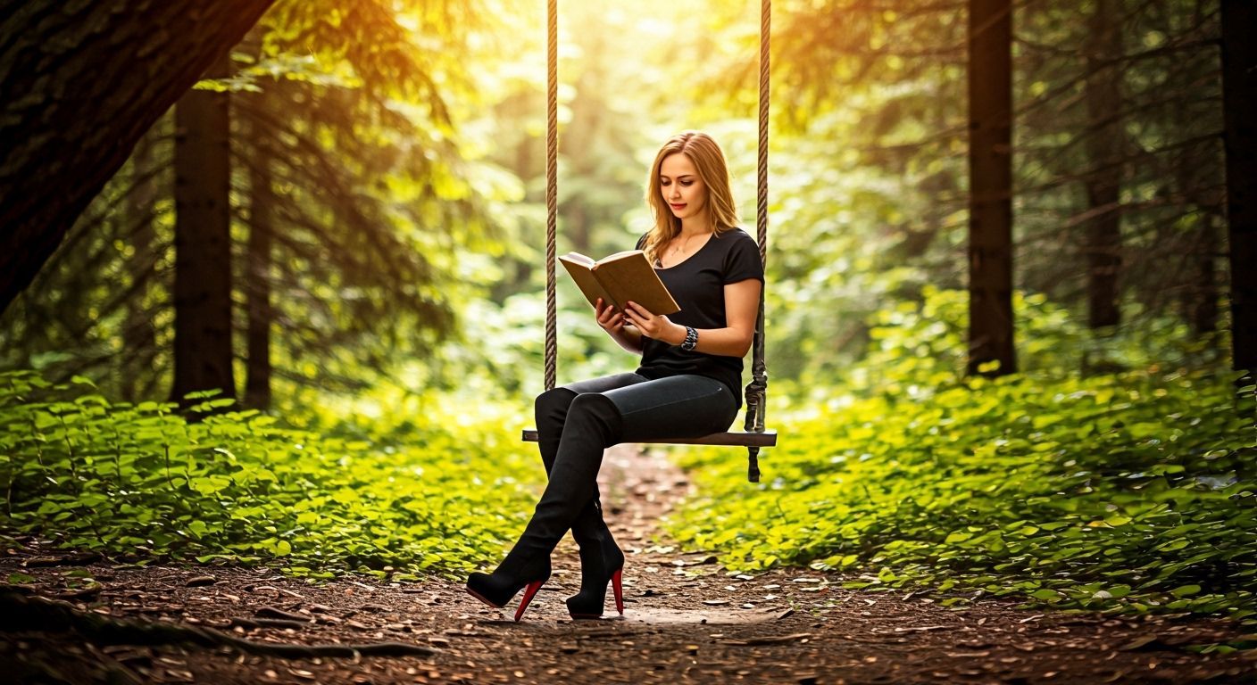 Woman Reading Book on Forest Swing