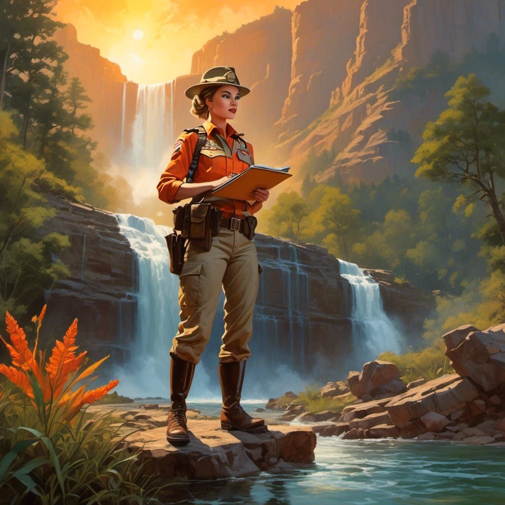 Cartoon Coyote Soldier at Sunset Waterfall