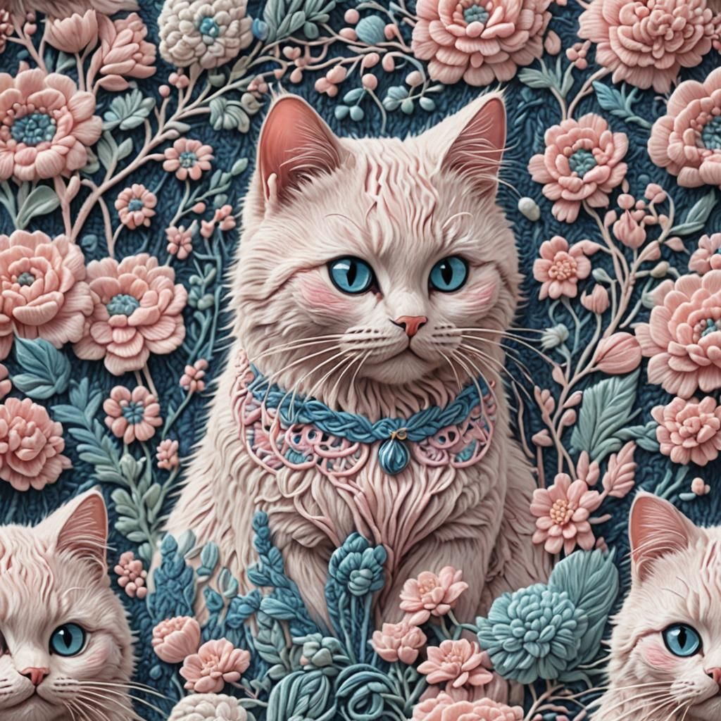 Pastel Pink and Blue Knitted Cat Embroidery