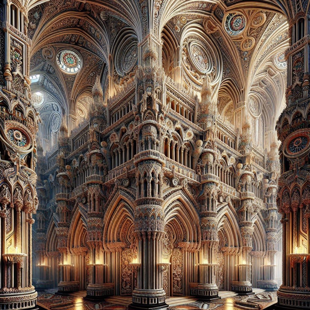 Detailed Neo-Gothic Cathedral Interior with Kaleidoscopic El...