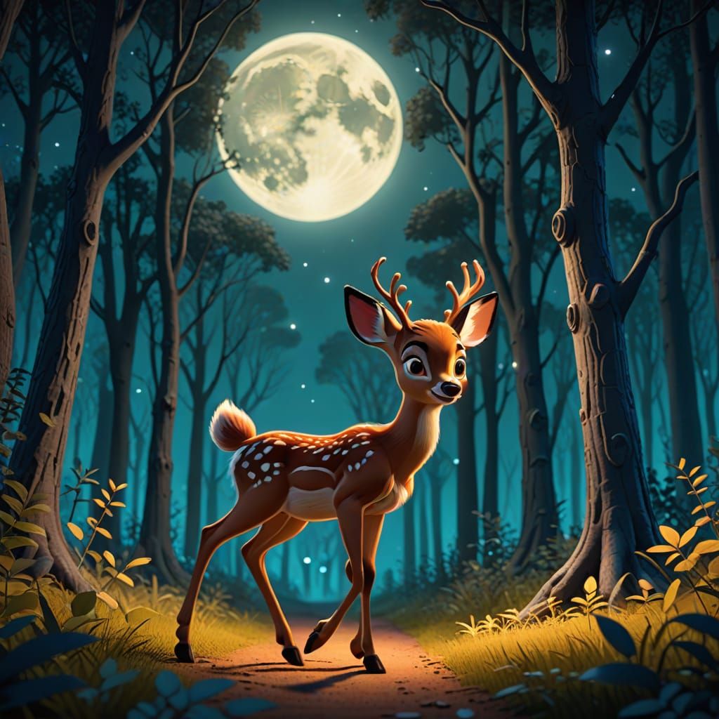 Disney's Bambi walking in a moonlit wood, storybook illustra...