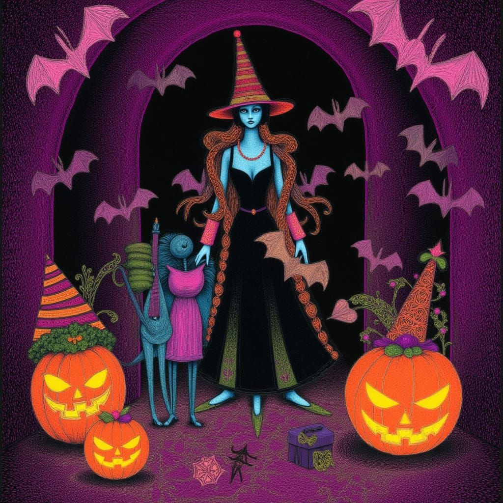 Gothic Crypt Christmas Scene with Whimsical Bats and Cats