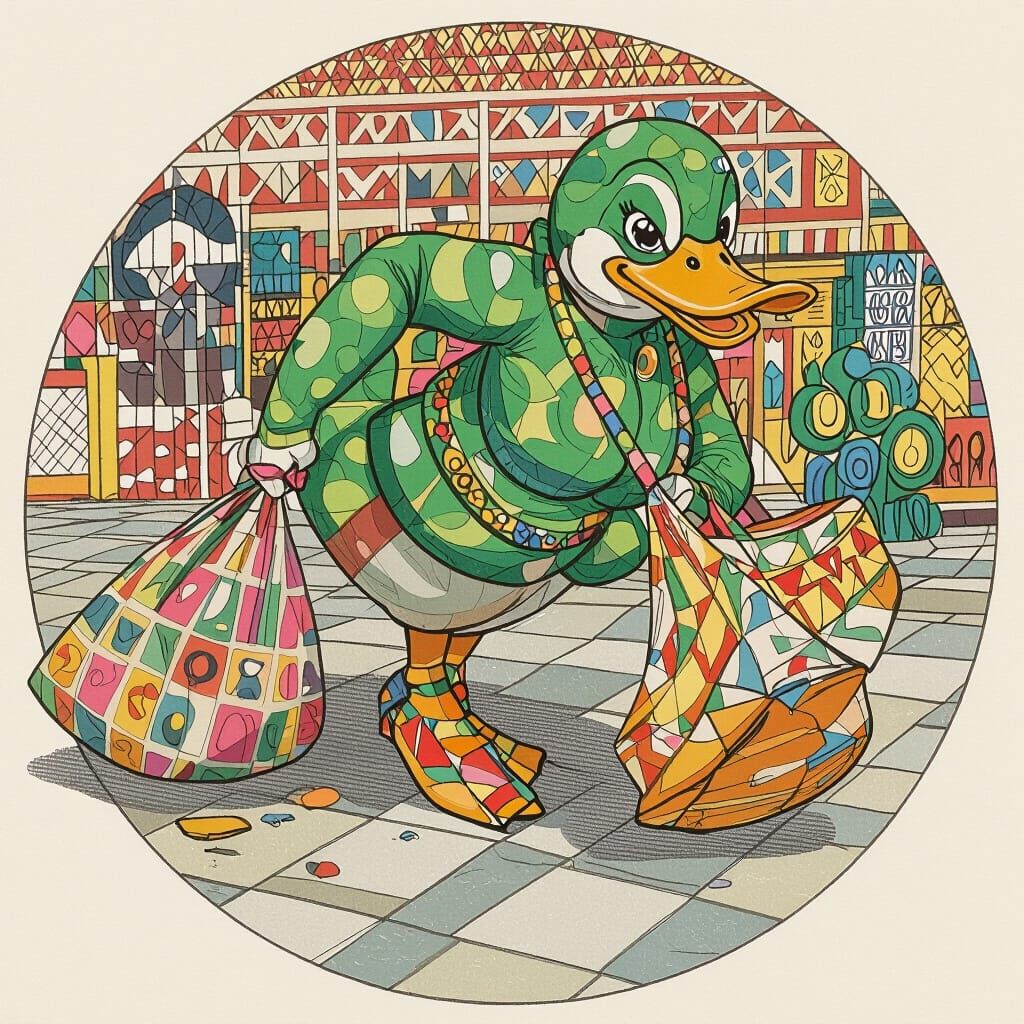 Plus-Sized Duck Struggles with Bags in Loish Style