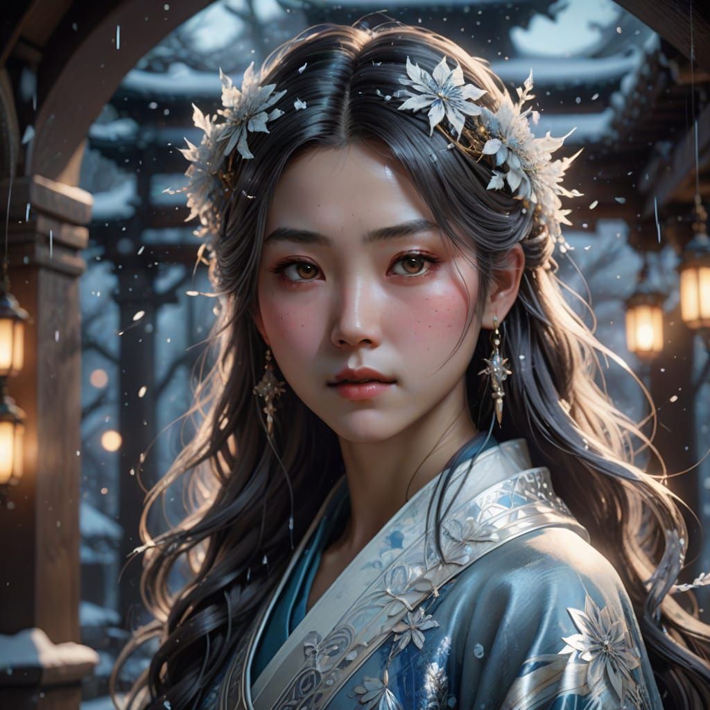 Serene Yuki-onna in Ethereal Snowflakes