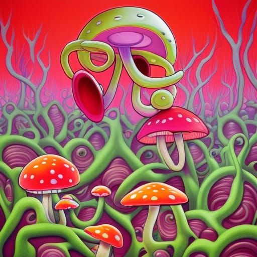 Surreal Mushroom Landscape in Whimsical Style