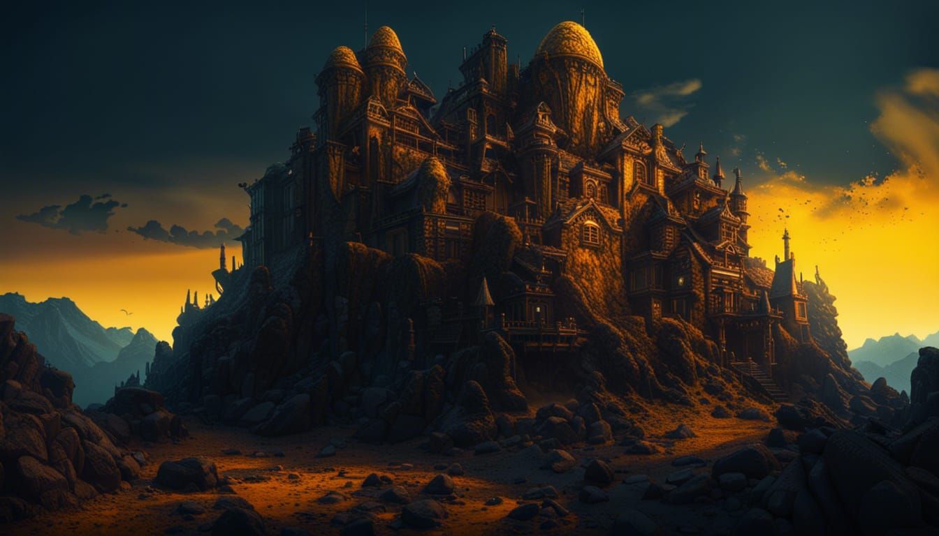 Fantastical Mountain Fortress in Dark Realm