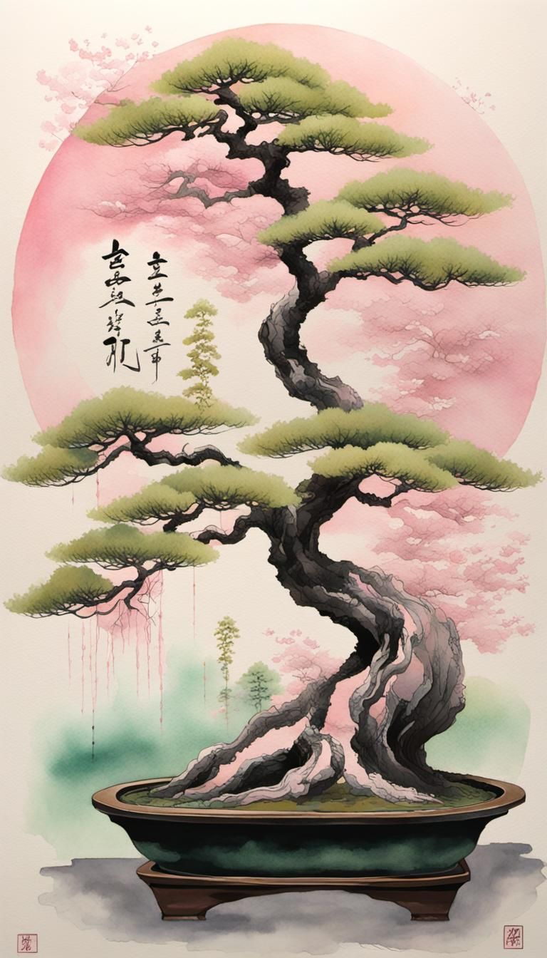 Bonsai Tree Surrounded by Kanji in Sumi-e Style