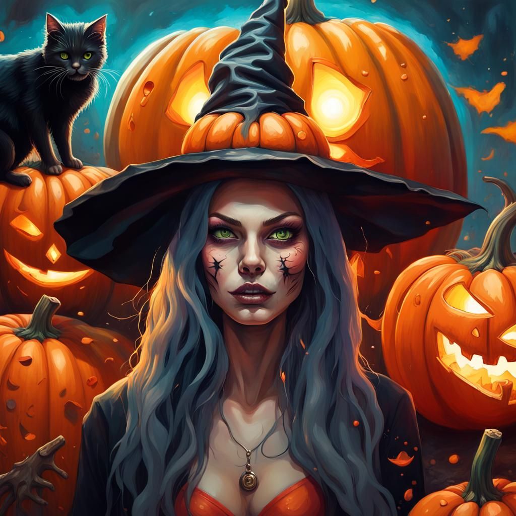 Creepy Witch, Cat and Pumpkin in Gouache Style