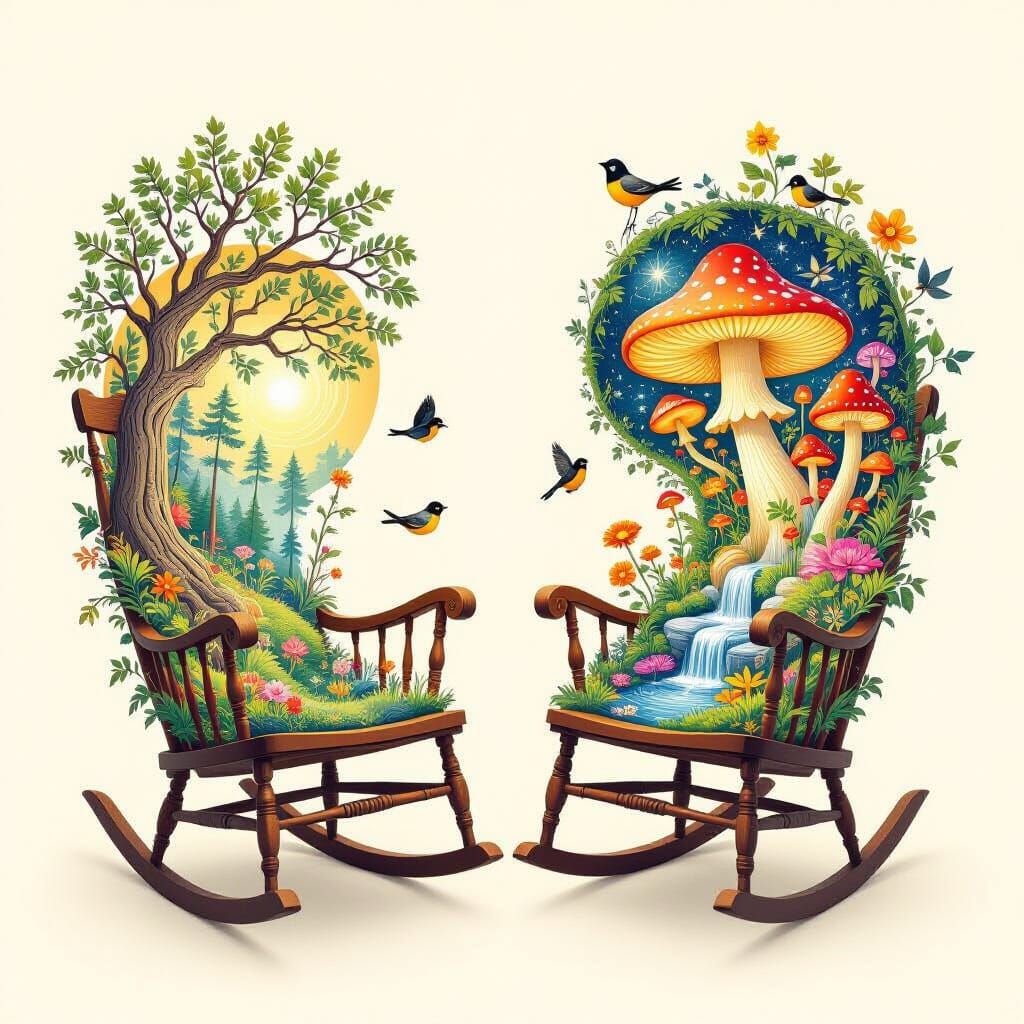 Surreal Intertwined Rocking Chairs with Ethereal Plant Kingd...