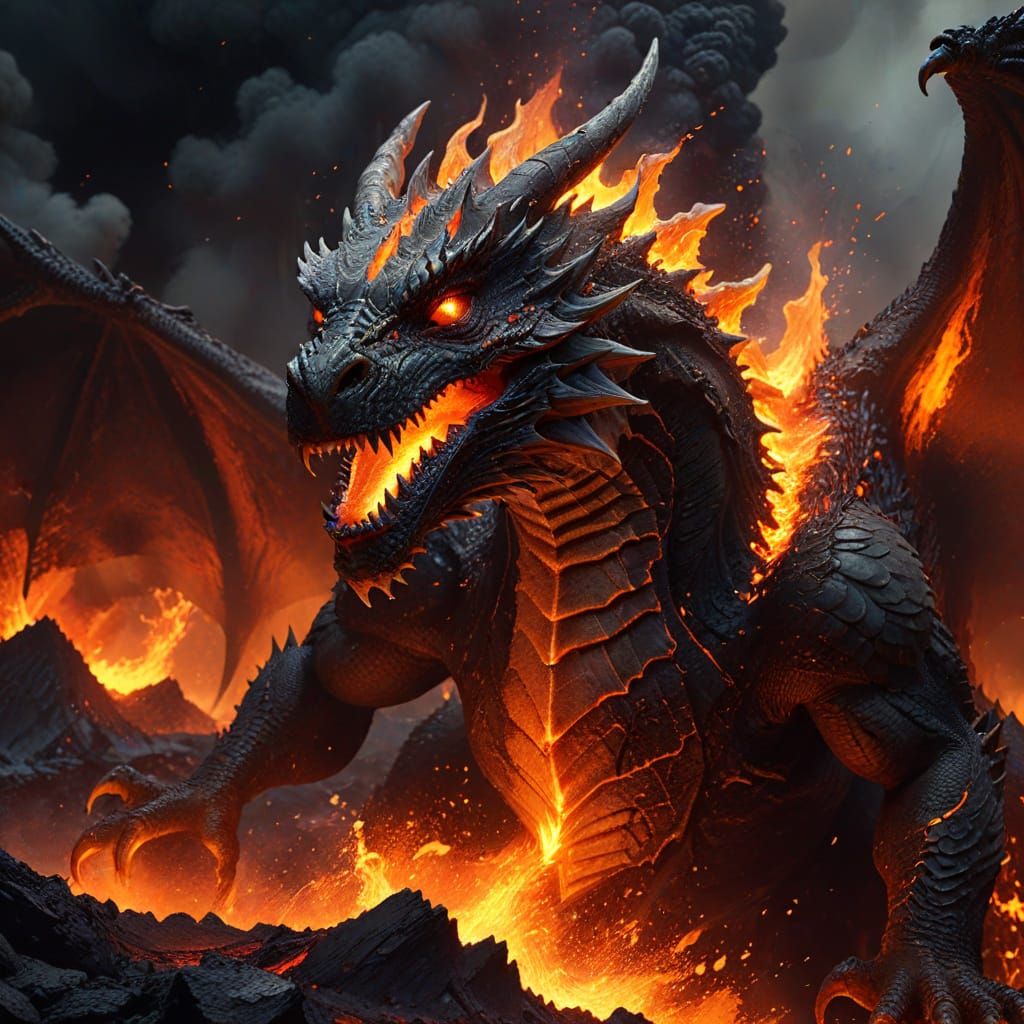Dragon Emerging From Fiery Volcano - Hyperrealistic Digital ...